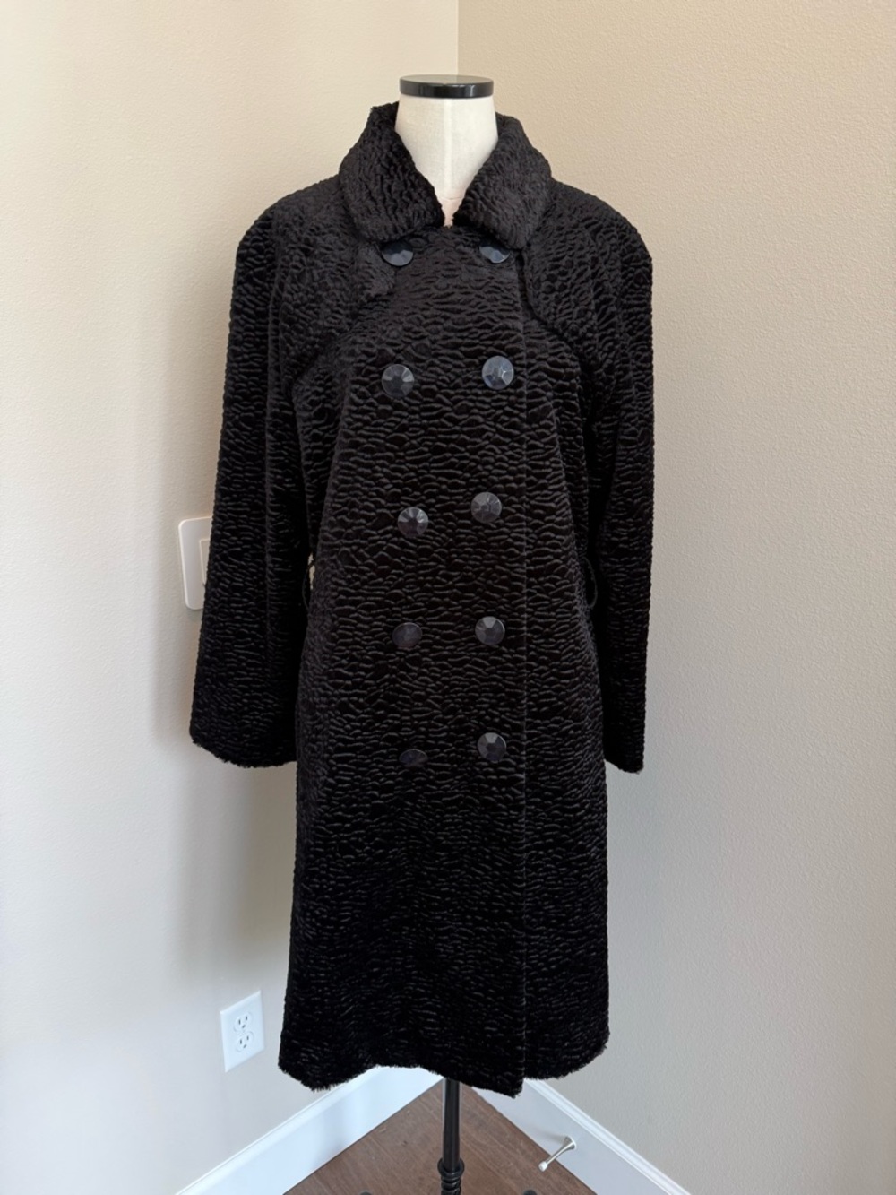 Gorgeous Faux Fur Black Textured Double-Breasted Pea Coat